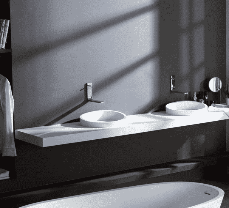 černá koupelna s bílými umyvadly na desku, černá stěna, chormové baterie na zdi, vana do prostoru