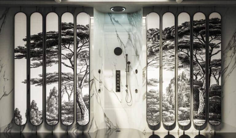 retro koupelna, sprchový kout s mramorovým obkladem