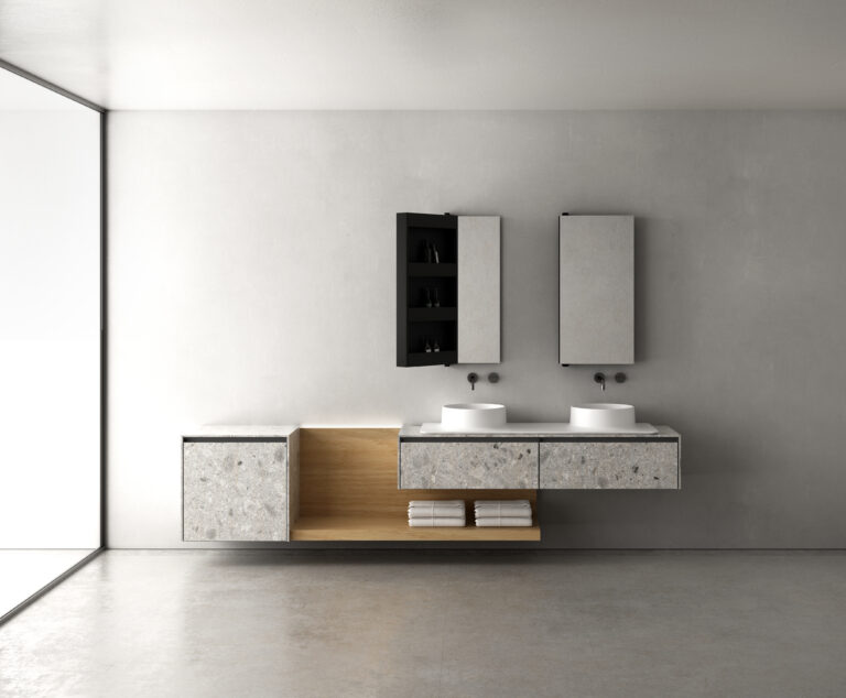šedá betonová koupelna se stěrkou, umyvadlová skříňka z kamene, dřevěná lavice v koupelně