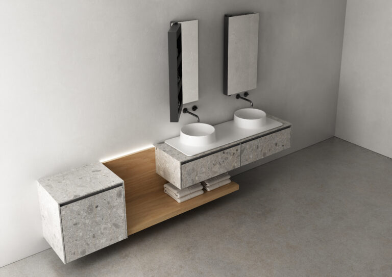 koupelnový nábytek z umělého kamene, umyvadla integrovaná do desky, dřevěná lavice v koupelně