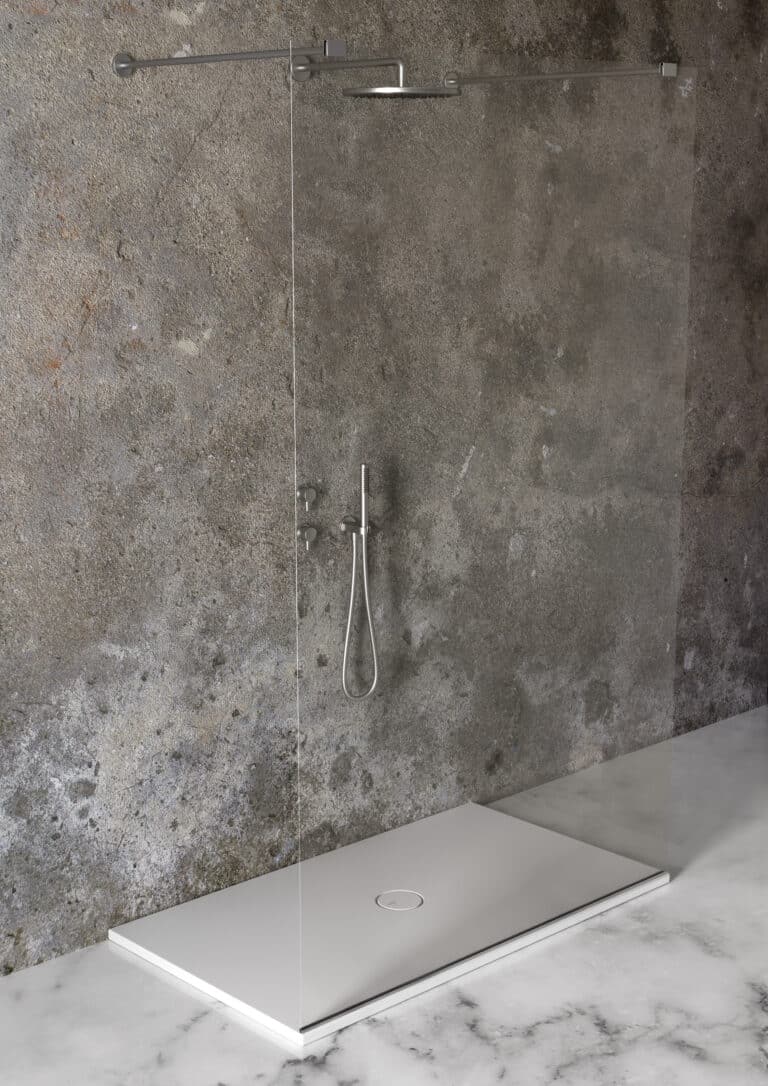 Sprchová zástěna Walk-in s keramickou sprchovou vaničkou Alice Ceramica, mramorová velkoformátová dlažba